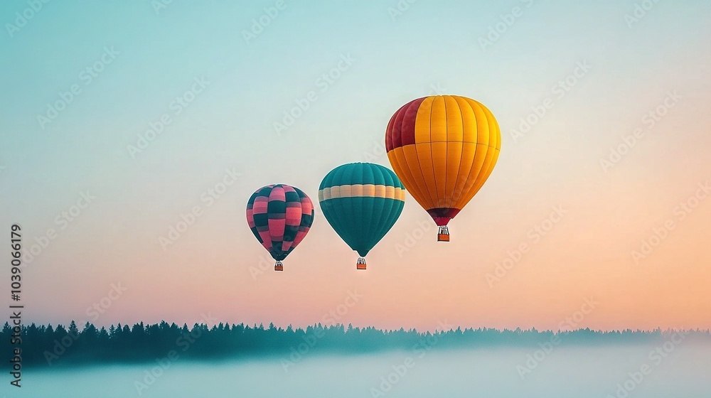 Three hot air balloons soaring above a hazy field surrounded by trees on the opposite shore of a lake Three hot air balloons soaring above a hazy field surrounded by trees on the opposite shore of a lake