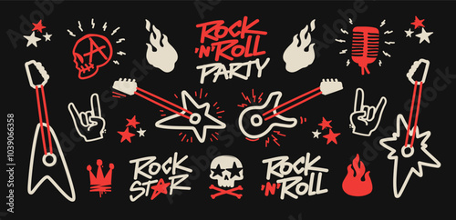 Rock Music Doodle icons collection for Rock Party and apparel print design.  Rock n Roll pattern element set of rockers guitar, skull, fire or flame, microphone, crown etc. Punk Rock icons collection