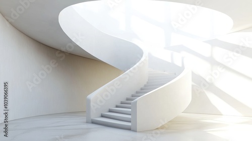 A smooth, white spiral staircase ascends to a light-filled space. Smooth walls and floor.