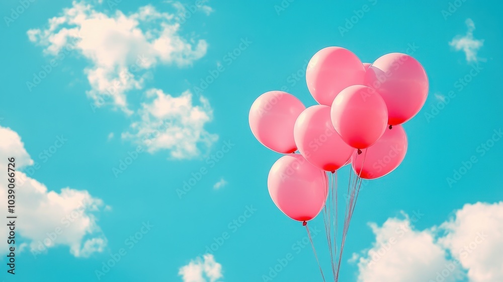 A bunch of pink balloons floating against a bright blue sky with fluffy clouds during daylight A bunch of pink balloons floating against a bright blue sky with fluffy clouds during daylight