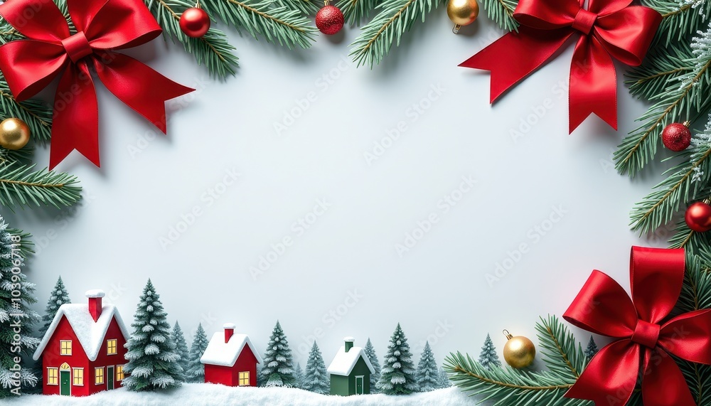 Copy space in the middle, surrounded with Christmas stuff festive bows, holiday greenery, snow-covered rooftops, copy space Copy space in the middle, surrounded with Christmas stuff festive bows, holiday greenery, snow-covered rooftops, copy space