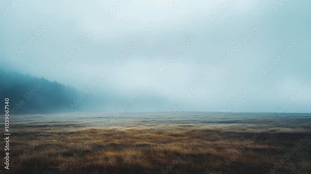 Fototapeta premium Serene Misty Landscape with Grassy Field and Mountain Backdrop