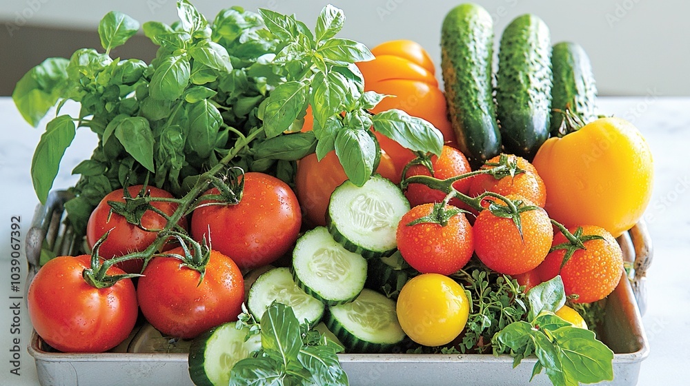 A metal container filled with various fruits and vegetables alongside cucumbers, tomatoes, and cucumbers A metal container filled with various fruits and vegetables alongside cucumbers, tomatoes, and cucumbers
