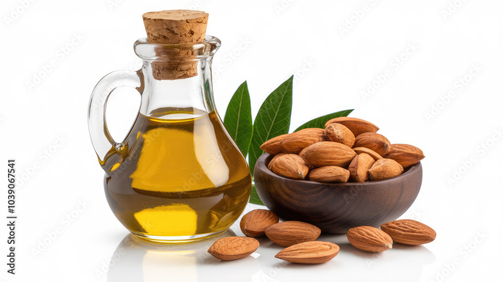 A glass jar filled with oil and a bowl of almonds