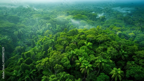 Aerial view of a dense rainforest with a canopy of green stretching as far as the eye can see with