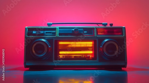 High-angle shot of a boombox in vivid neon colors, glowing against a soft, neutral gradient background, retro music concept