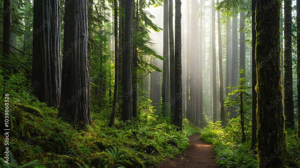 Fototapeta premium A winding trail in the heart of a dense woodland, flanked by towering trees and verdant ferns on either side