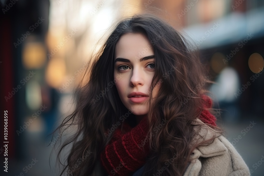 Portrait of a beautiful young woman with long brown hair in the city Portrait of a beautiful young woman with long brown hair in the city