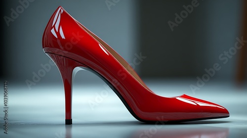A pair of red high heel shoes sitting on a tiled floor realistic image