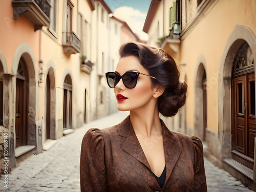 Vintage retro woman in town