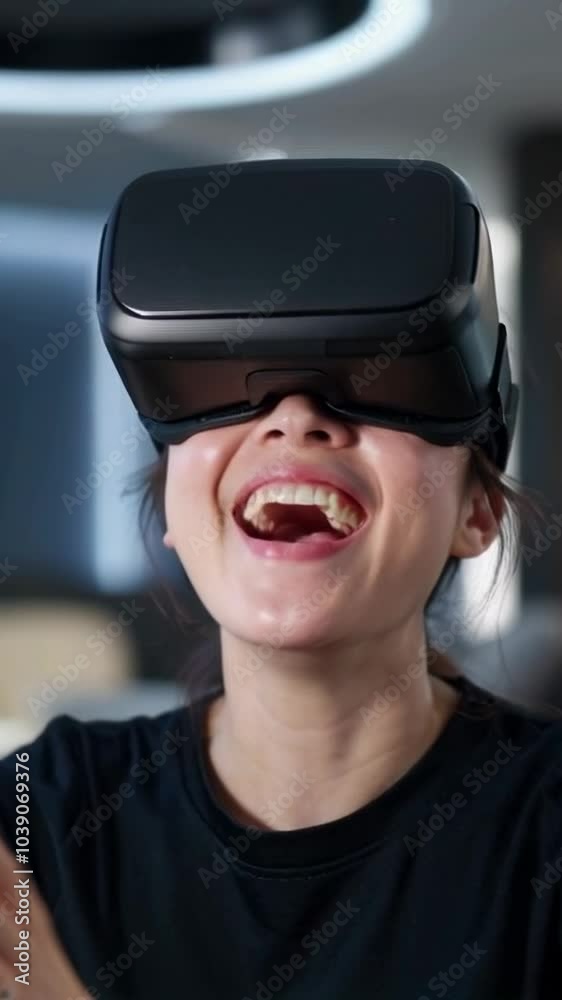 Woman laughing while wearing virtual reality headset Woman laughing while wearing virtual reality headset