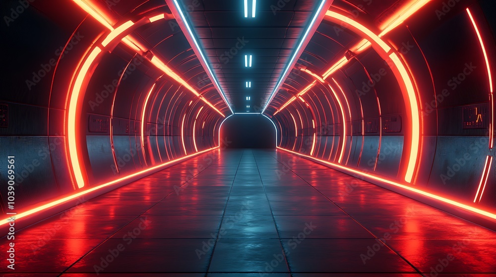 Vibrant neon lights in a concrete tunnel showcased in a captivating 3D illustration Vibrant neon lights in a concrete tunnel showcased in a captivating 3D illustration