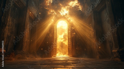 Majestic gates of heaven opening, surrounded by radiant beams of light, symbolizing eternal peace and the rewards of heaven, abstract divine glow
