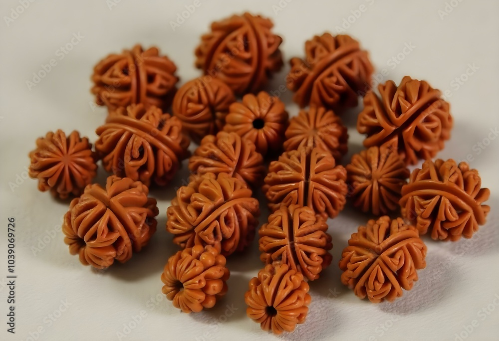 Rudraksha Beads on white surface create with ai Rudraksha Beads on white surface create with ai