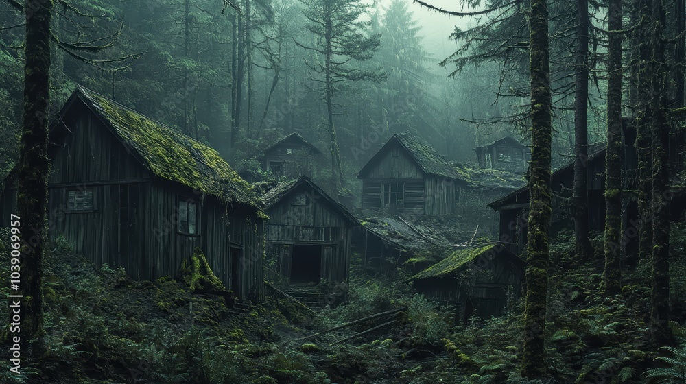 A forest swallowing a ghost town, where wooden structures rot and crumble as moss and foliage take over, symbolizing how the Earth is slowly erasing all remnants of human existence A forest swallowing a ghost town, where wooden structures rot and crumble as moss and foliage take over, symbolizing how the Earth is slowly erasing all remnants of human existence