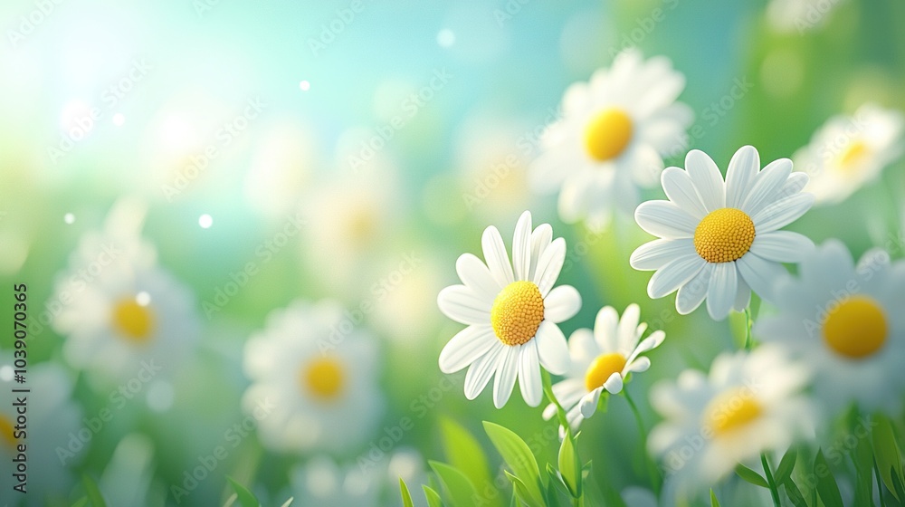 A field of daisies bathed in sunlight, with the sun rays filtering through the tall blades of grass, casting a soft glow on the vibrant blooms in the fore A field of daisies bathed in sunlight, with the sun rays filtering through the tall blades of grass, casting a soft glow on the vibrant blooms in the fore