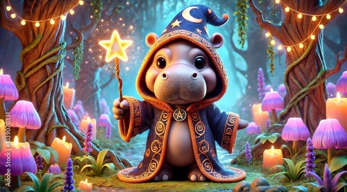 Cartoon hippo wizard casting spell in enchanted forest 