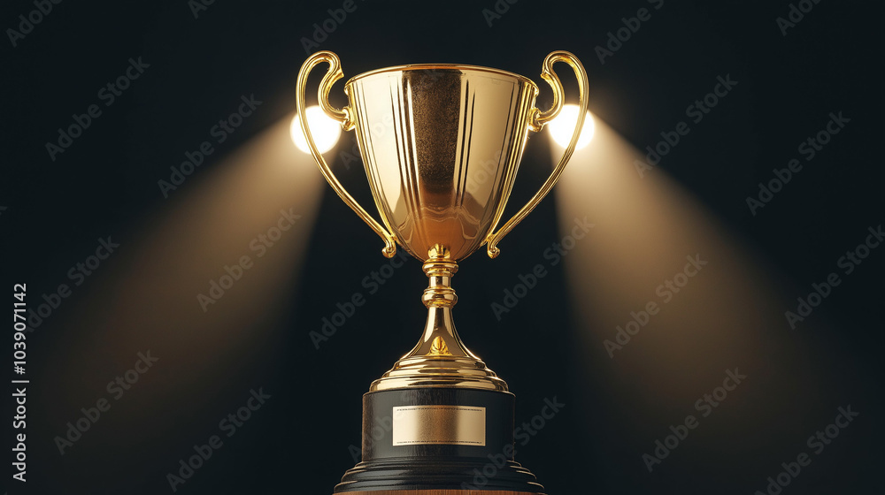 Golden trophy in spotlight against dark background, symbolizing victory, excellence, and recognition in award ceremony setting Golden trophy in spotlight against dark background, symbolizing victory, excellence, and recognition in award ceremony setting