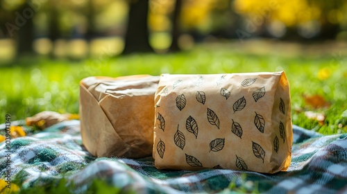 Earthy-toned biodegradable sandwich wrapper with leaf motifs, set on a checkered picnic blanket, vibrant green grass and trees in the background, Natural lighting, Watercolor photo