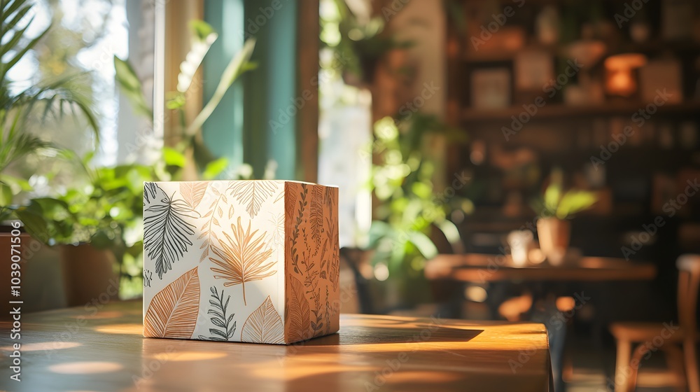 Eco-friendly food box with intricate leaf patterns, placed in a cafe filled with plants, rustic wood tables, and soft sunlight, Illustration, Vintage style, Earthy palette Eco-friendly food box with intricate leaf patterns, placed in a cafe filled with plants, rustic wood tables, and soft sunlight, Illustration, Vintage style, Earthy palette