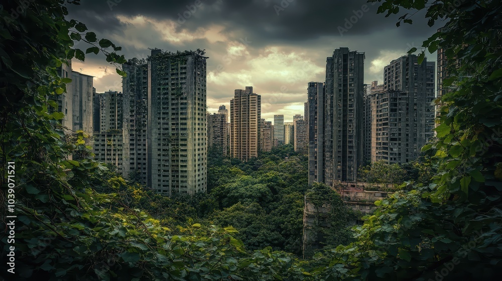 Obraz premium An abandoned city overtaken by nature, where skyscrapers are crumbling under the weight of vines and trees, symbolizing the Earth's reclamation of what remains of human civilization