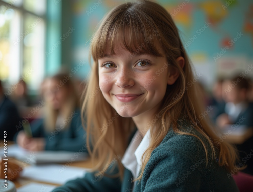 Portrait of a student in the classroom pupil at school pretty student close up