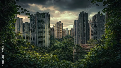 An abandoned city overtaken by nature, where skyscrapers are crumbling under the weight of vines and trees, symbolizing the Earth's reclamation of what remains of human civilization