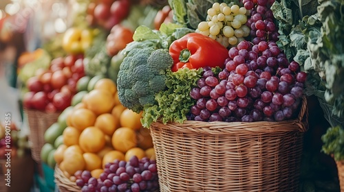 Eco-friendly packaging for fresh vegetables, earthy, muted color palette, nestled among baskets of fruits at a sunny farmer's market, vintage style, soft focus photography