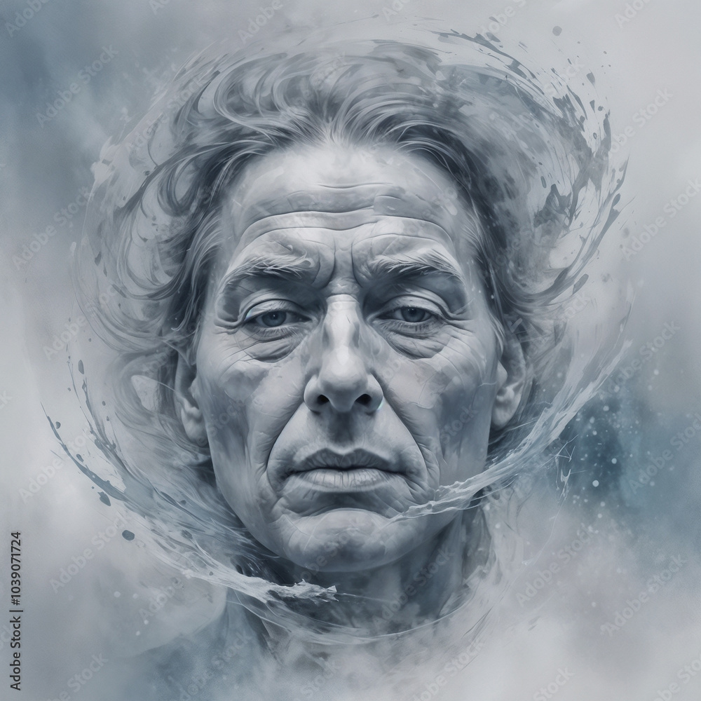 Elderly man with deep emotions, facing the viewer, against a swirling abstract background Elderly man with deep emotions, facing the viewer, against a swirling abstract background
