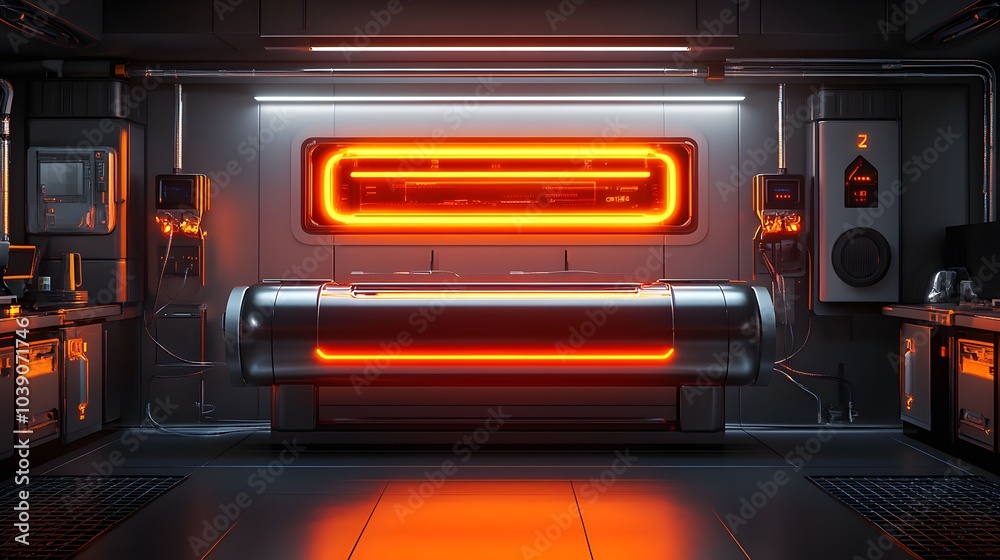 Energy bar packaging with a futuristic metallic design, neon orange detailing, placed in a high-tech kitchen with advanced robotic devices, isolated on white background Energy bar packaging with a futuristic metallic design, neon orange detailing, placed in a high-tech kitchen with advanced robotic devices, isolated on white background
