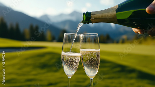 Pouring champagne into glasses on golf course with mountain view, conveying luxury and celebration in an elegant outdoor setting with scenic landscape