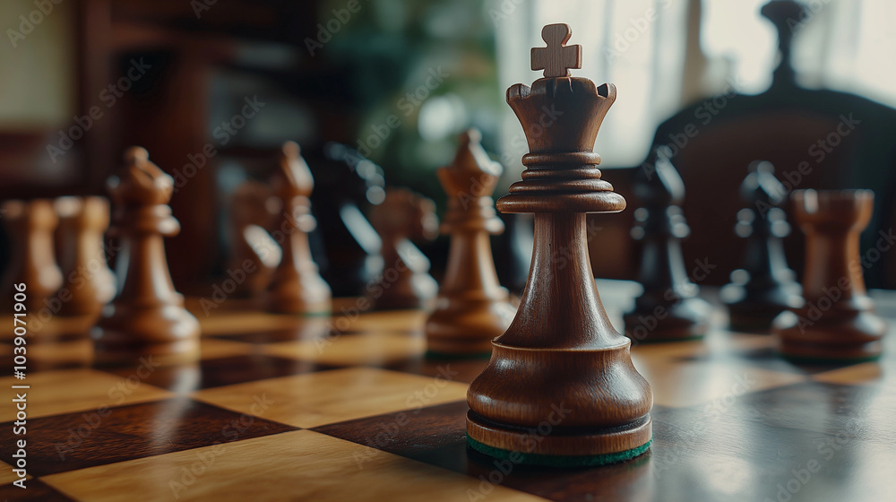 Close-up of chessboard with pieces ready for game, symbolizing planning and tactics in intellectual competition Close-up of chessboard with pieces ready for game, symbolizing planning and tactics in intellectual competition