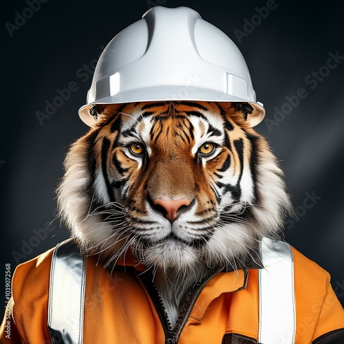 a portrait of tiger construction worker with the safety suit and white cap