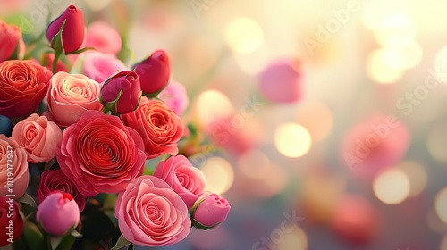   A bouquet of pink and red roses in front of a book of pink and red flowers