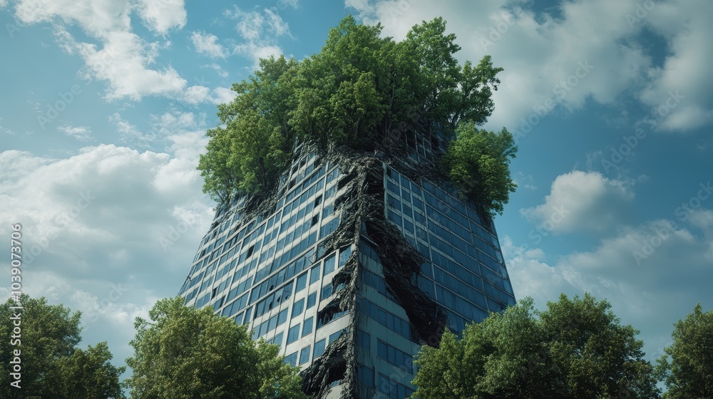 a half-buried skyscraper, its windows shattered and its structure collapsing, with tall trees growing around and inside it, illustrating nature conquest over human-built environments a half-buried skyscraper, its windows shattered and its structure collapsing, with tall trees growing around and inside it, illustrating nature conquest over human-built environments