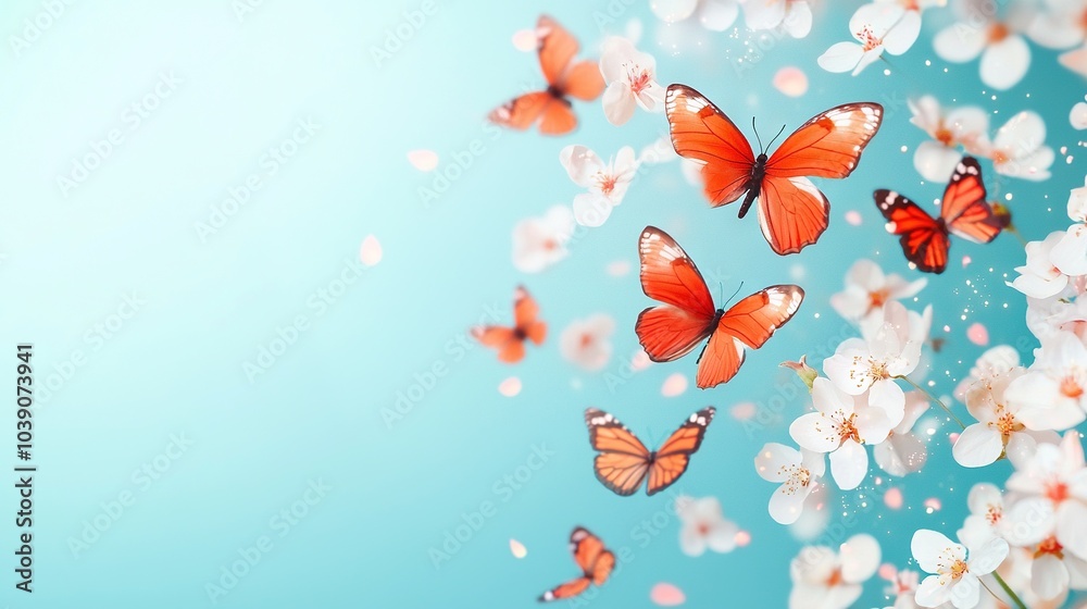 A group of orange butterflies flying above a field of white flowers against a blue sky backdrop, with white flowers in the foreground A group of orange butterflies flying above a field of white flowers against a blue sky backdrop, with white flowers in the foreground