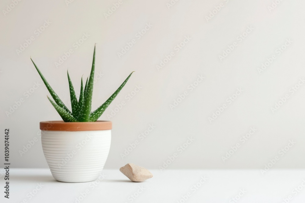 Fototapeta premium A potted aloe vera plant with a small stone on a white surface