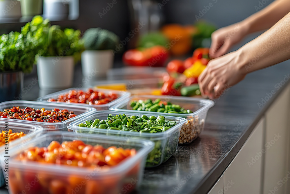 Healthy week meal prep with fresh vegetables in modern kitchen Healthy week meal prep with fresh vegetables in modern kitchen