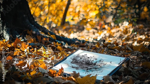A serene autumn scene captures a fallen sketchbook resting on a bed of vibrant yellow and orange leaves. The sketchbook features a delicate drawing of a landscape, hinting at a peaceful nature scene. 