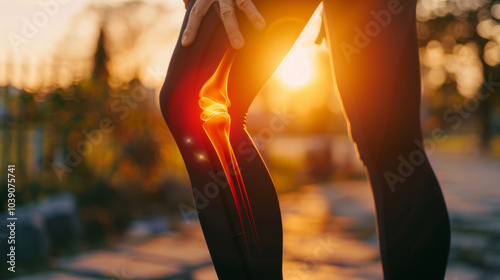 Visualisierung von Knieschmerzen bei Sonnenuntergang im Freien.