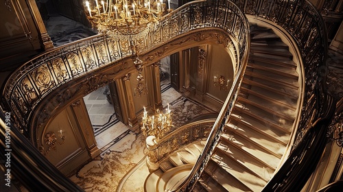 A grand, ornate staircase spirals elegantly, featuring a richly decorated railing and a polished wooden surface. The staircase is illuminated by a magnificent chandelier hanging from the ceiling, cast photo