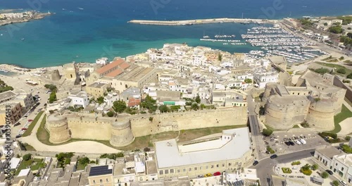 Panoramic aerial view of the castle and Norman cathedral in the historic center of Otranto in the province of Lecce, Salento, Puglia. Located on the Adriatic Sea, it is the easternmost city in Italy.