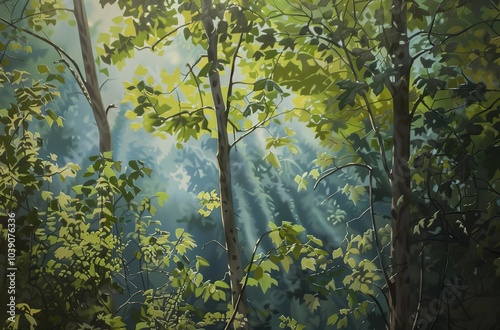 A forest scene with sunlight filtering through the leaves, creating an... photo