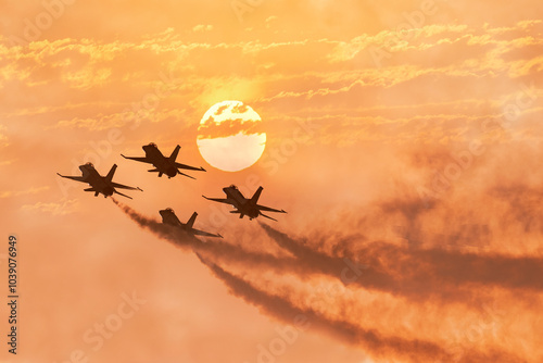 Photography Four military jets fly through burnt cloudy skies with the sun in the background
