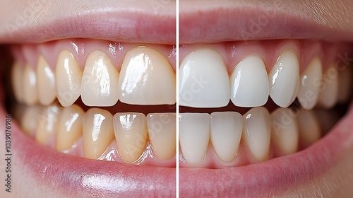 Split-screen view showing the teeth before and after at-home whitening, emphasizing the whitening effect and uniform color, Natural Lighting, Crisp Detail