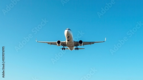 Airplane in the blue sky flying airplane close up in the air