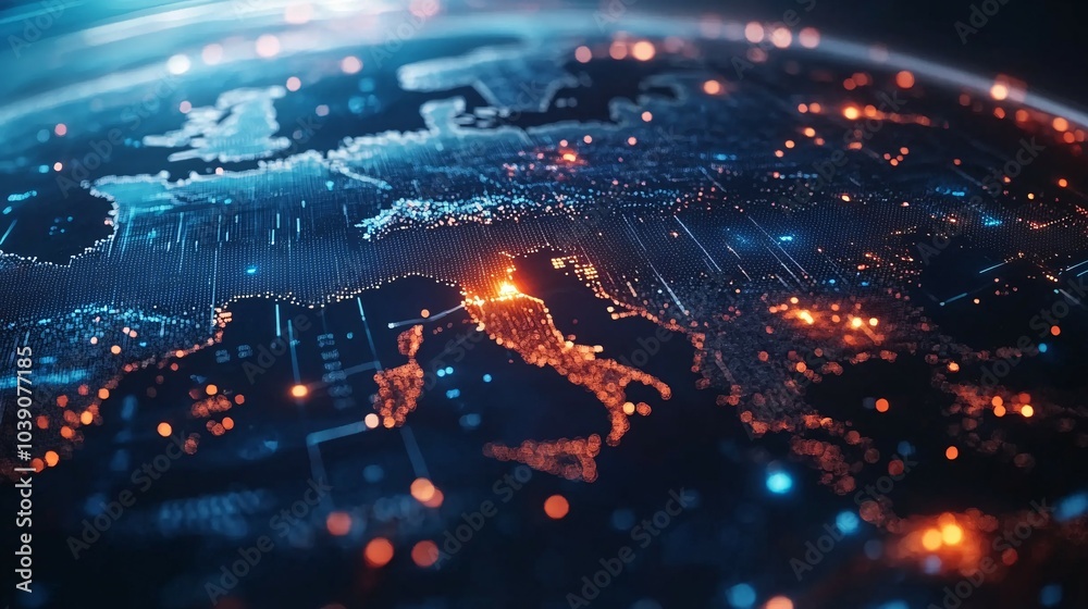 Obraz premium Digital Earth Map with Glowing Points and Lines