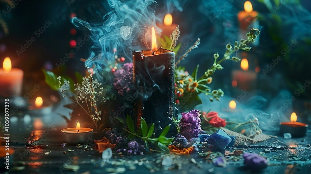 Casting a spell with a black candle, crystals, and herbs, with a mystical... Casting a spell with a black candle, crystals, and herbs, with a mystical...