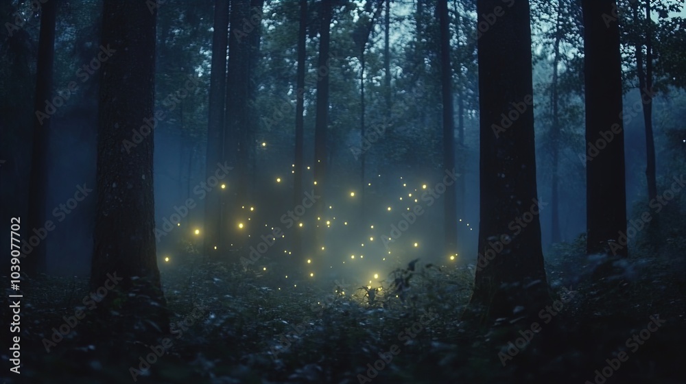 Obraz premium A mystical scene is captured in a dense, dark forest at twilight. Tall trees surround a clearing, their trunks thick and dark against the backdrop of a subtle mist. Specks of light, resembling firefli