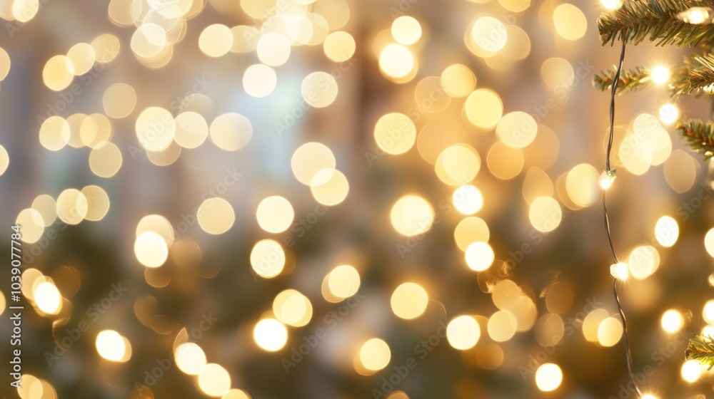 Abstract bokeh background with warm, golden lights and a blurred evergreen branch. Abstract bokeh background with warm, golden lights and a blurred evergreen branch.
